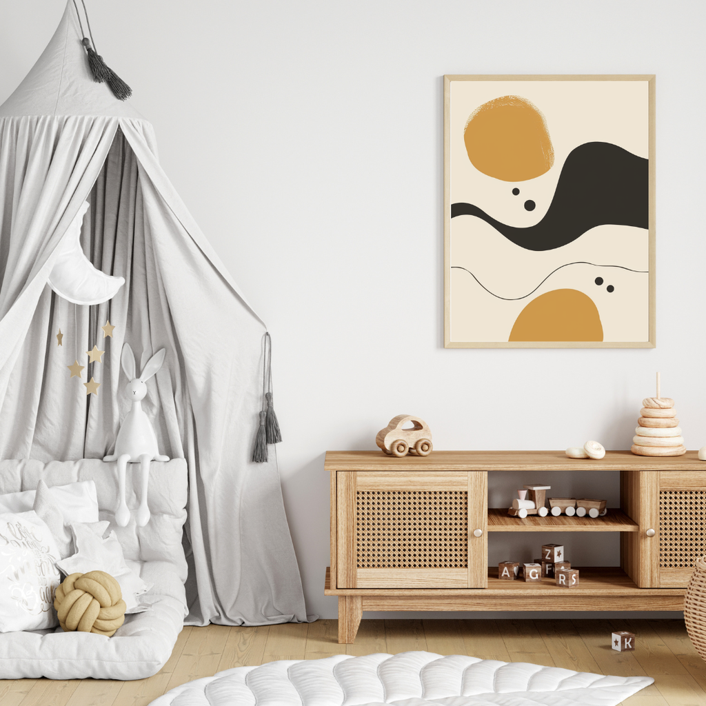 Abstrakt väggposter i beige och svart av Nordanio, modern 3D-design för inredning i hemmet.