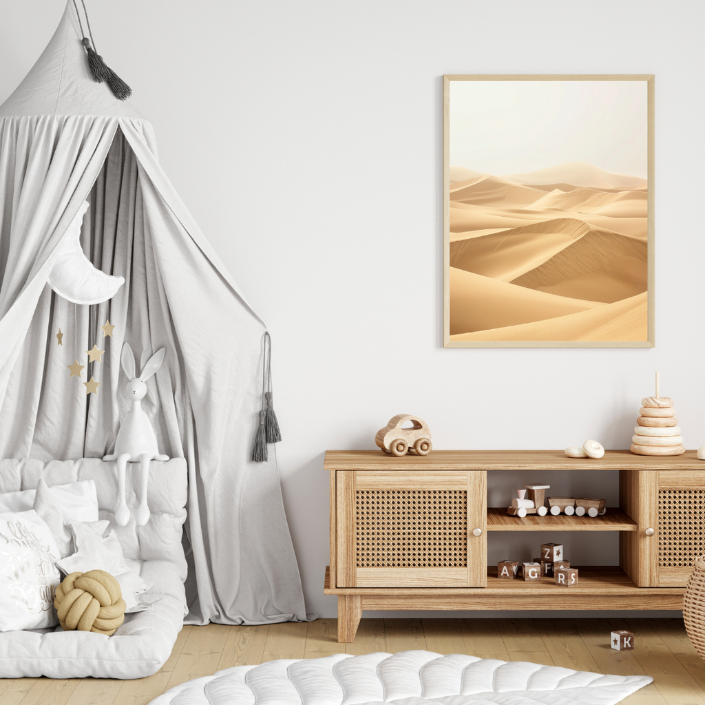 Sand Dunes poster av Nordanio, naturposter med grå och beige nyanser, visar ett 3D-modellmotiv för modern väggdekor.