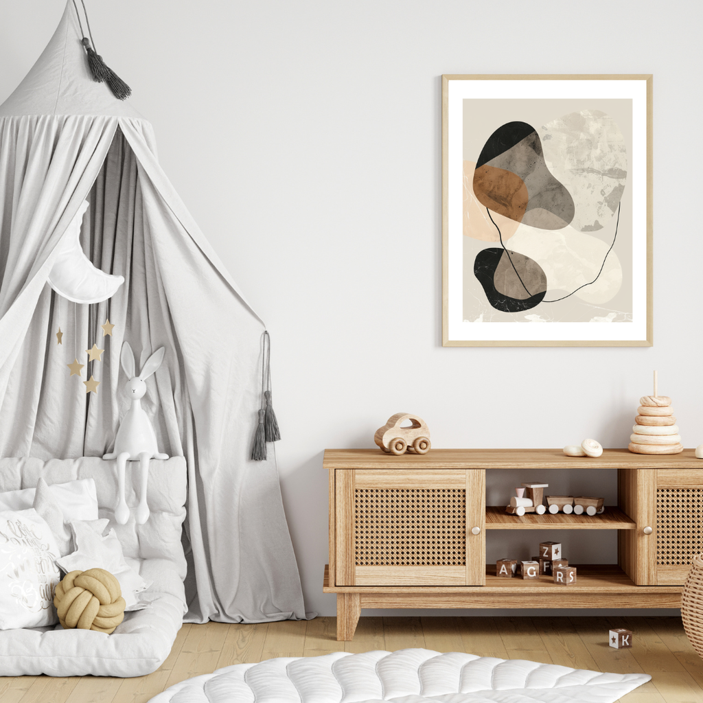 Abstrakt väggposter med grå och beige linjer från Nordanio, modern 3D-design för inredningsvägg.