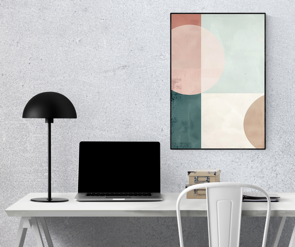 Abstrakt väggposter i geometriska former med grå och blå nyanser av Nordanio, perfekt för modern inredning.