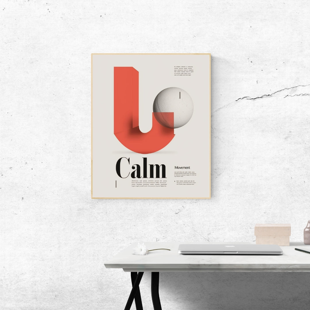 Modern grå och blå typografiposter från Nordanio med lugnande text, inramad och hängande på vägg.