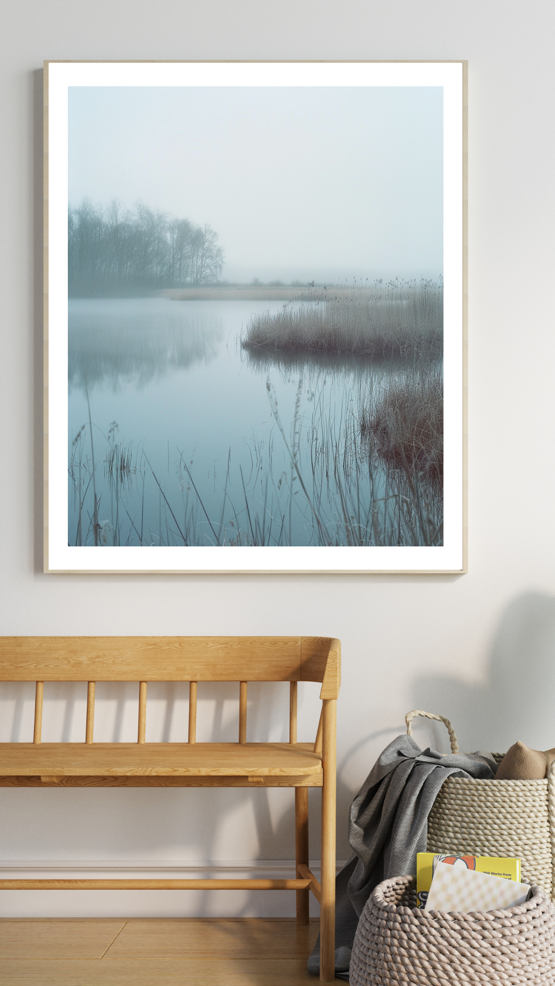 Minimalist naturposter från Nordanio med grå och bruna nyanser, avbildad i en modern väggrammockup.