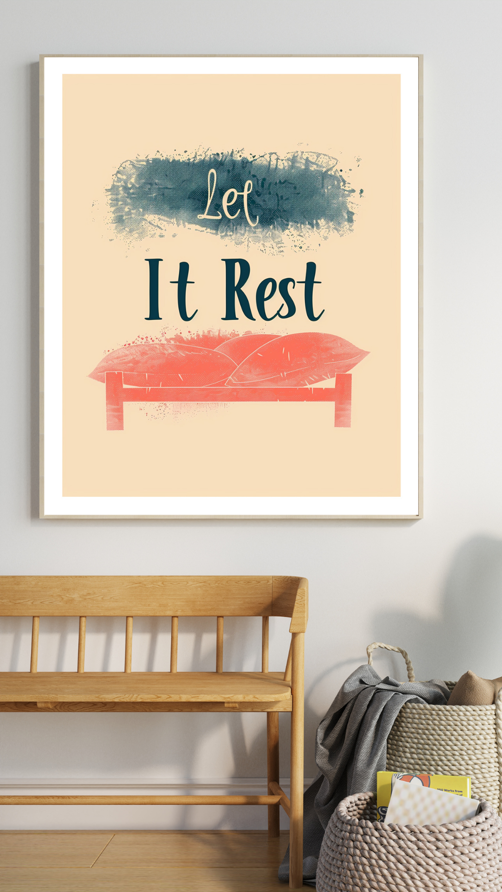 Gråbrun minimalist affisch med typografi som "Let It Rest" i svart text på vitt papper, inramad i en enkel ram.