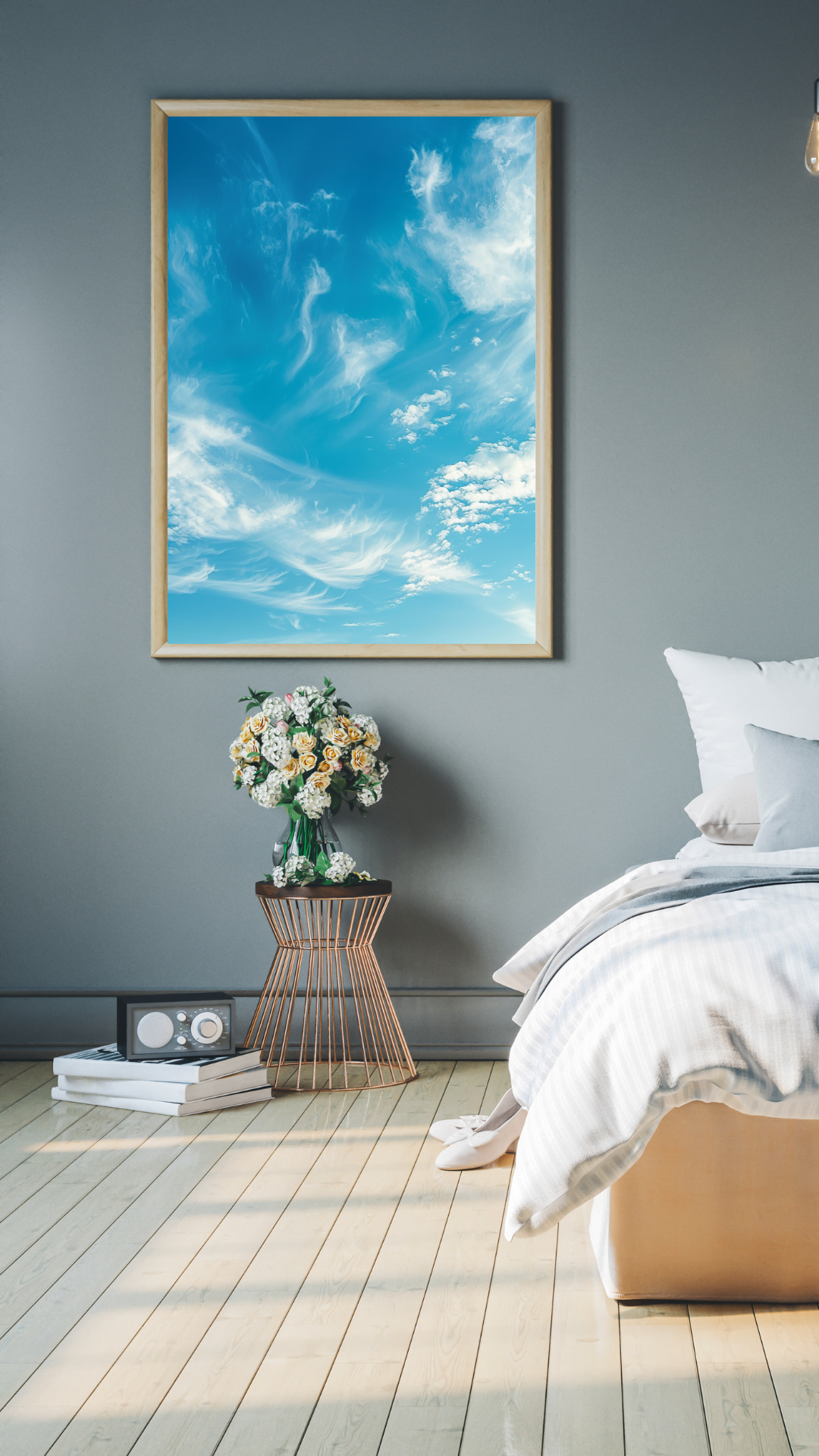 Modern minimalist väggposter med himmelmotiv i grått och vitt från Nordanio, perfekt för naturinspirerad inredning.