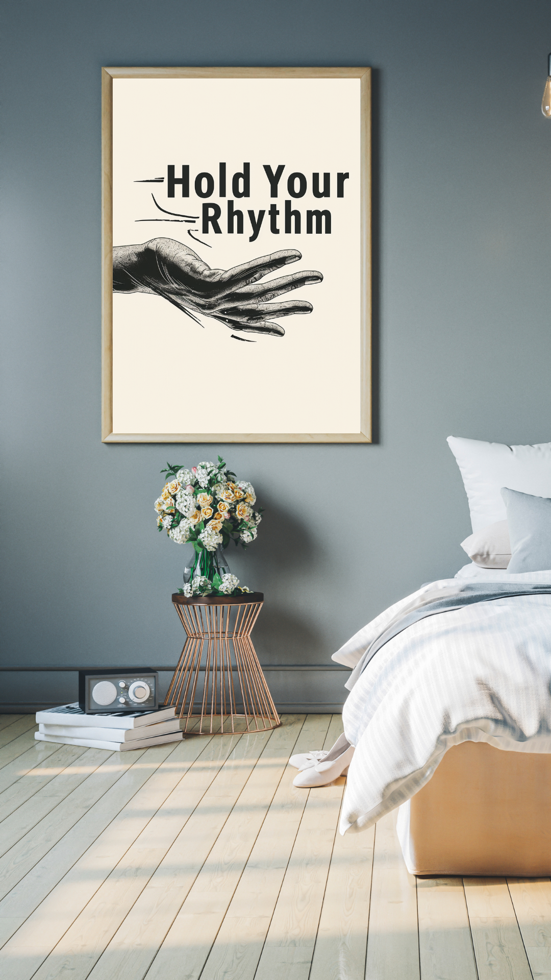 Typografiposter från Nordanio med texten "Hold Your Rhythm" i grått och vitt på minimalistisk väggram.