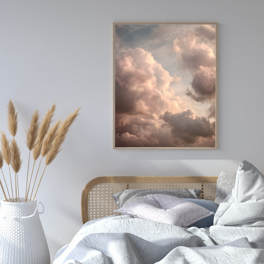 Grå och vit minimalistisk 3D naturposter av Nordanio med moln och himmel, inramad för väggdekor.