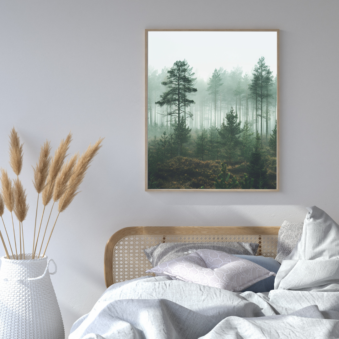 Nordanio naturposter av skogssnöregn i gråvita minimalistiska 3D-illustration för väggdekor.