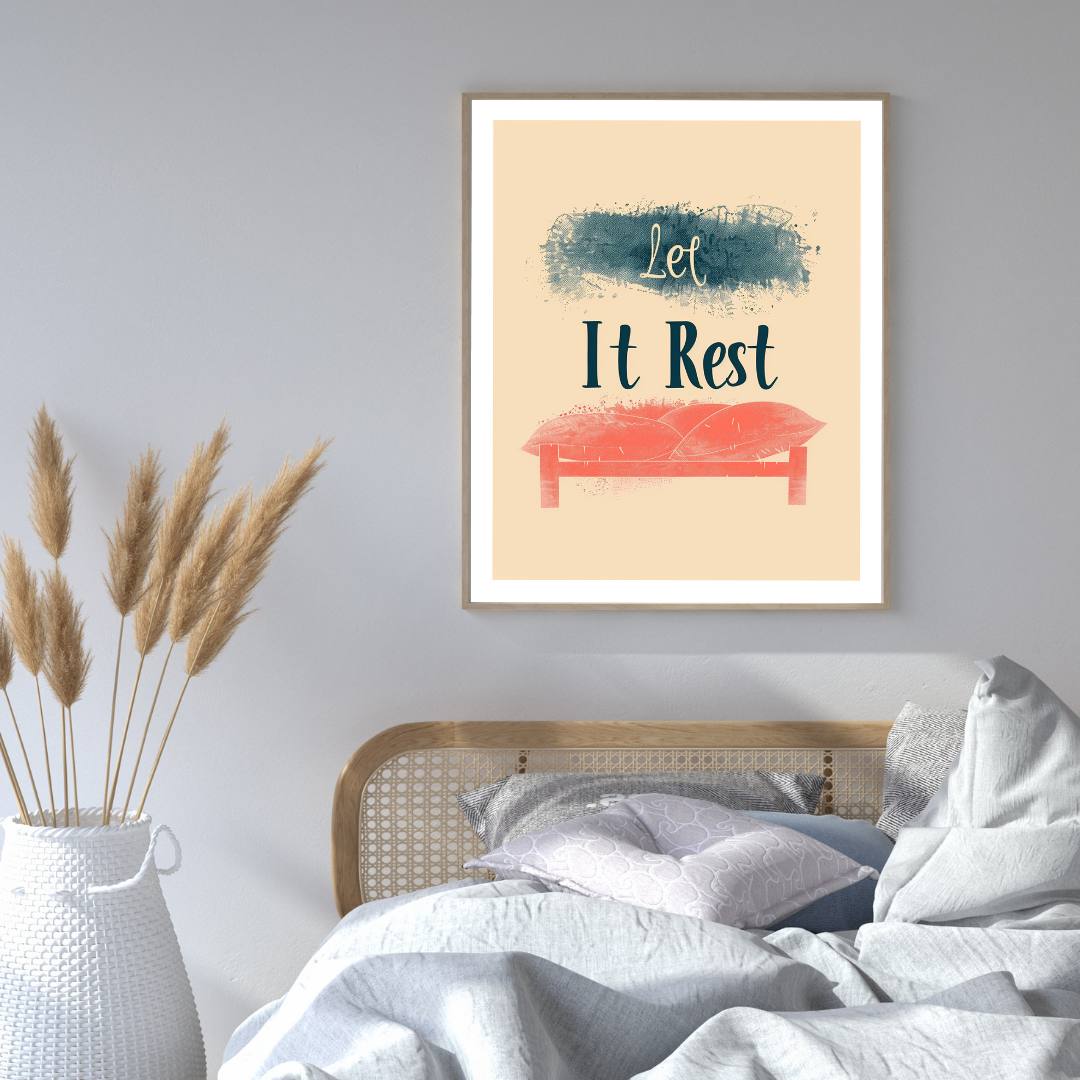 Gråvit minimalist typografisk poster från Nordanio med texten "Let It Rest" i 3D-illustration, inramad på vit bakgrund.