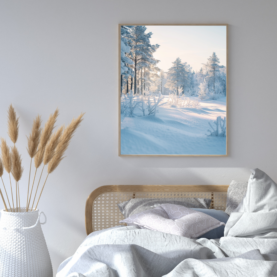 Snölandskap poster av Nordanio med minimalistisk 3D-illustration, grå och vit färg, passar som väggdekor.