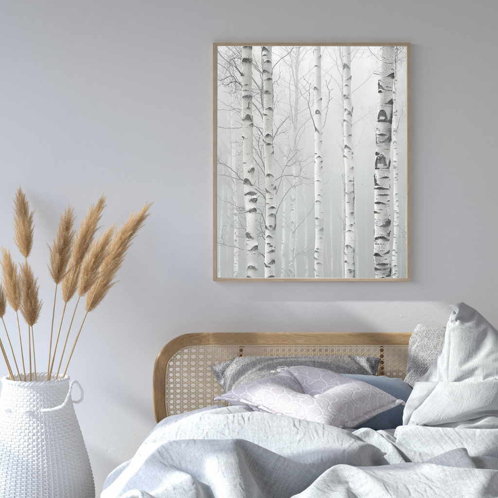 Gråvit minimalist naturposter av björkskog från Nordanio, 3D-illustration i väggram för inredning.