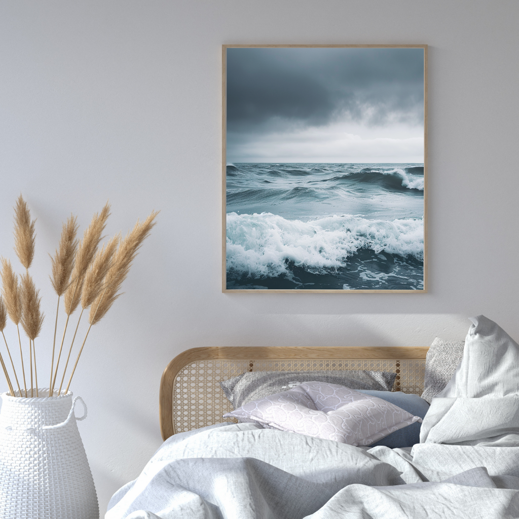 Minimalist gråvit Ocean Waves poster från Nordanio med 3D-illustration för väggdekor.