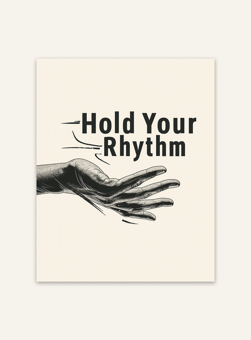 Typografisk affisch "Hold Your Rhythm" av Nordanio, visar modern design med rytmiska bokstäver på vit bakgrund.