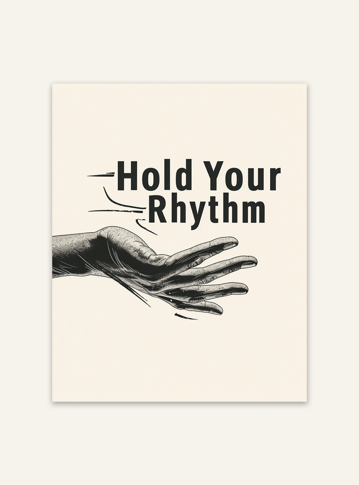 Typografisk affisch "Hold Your Rhythm" av Nordanio, visar modern design med rytmiska bokstäver på vit bakgrund.