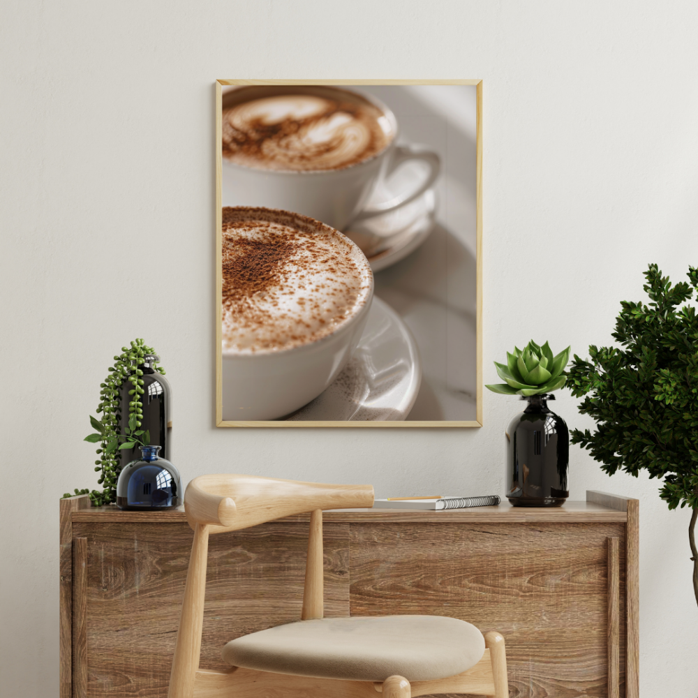 Fruktposter med kaffeskumdesign från Nordanio, färgglad illustration av frukter på poster för kaffeentusiaster.