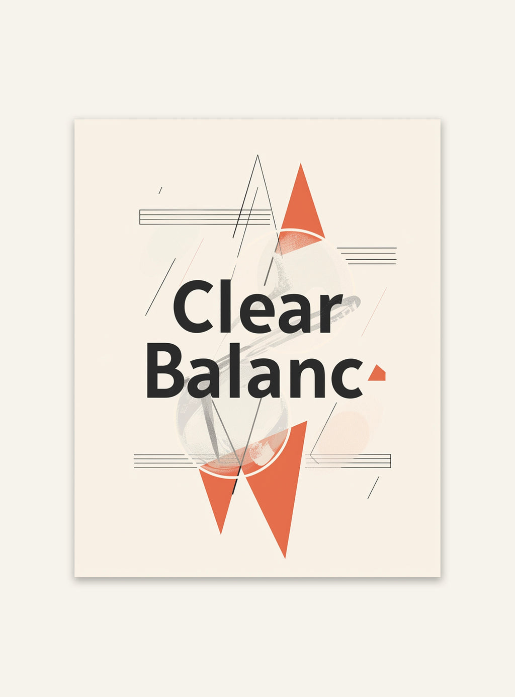 Modern Nordanio typografisk poster med texten "Clear Balance" på vit bakgrund, perfekt för väggdekoration och inspiration.