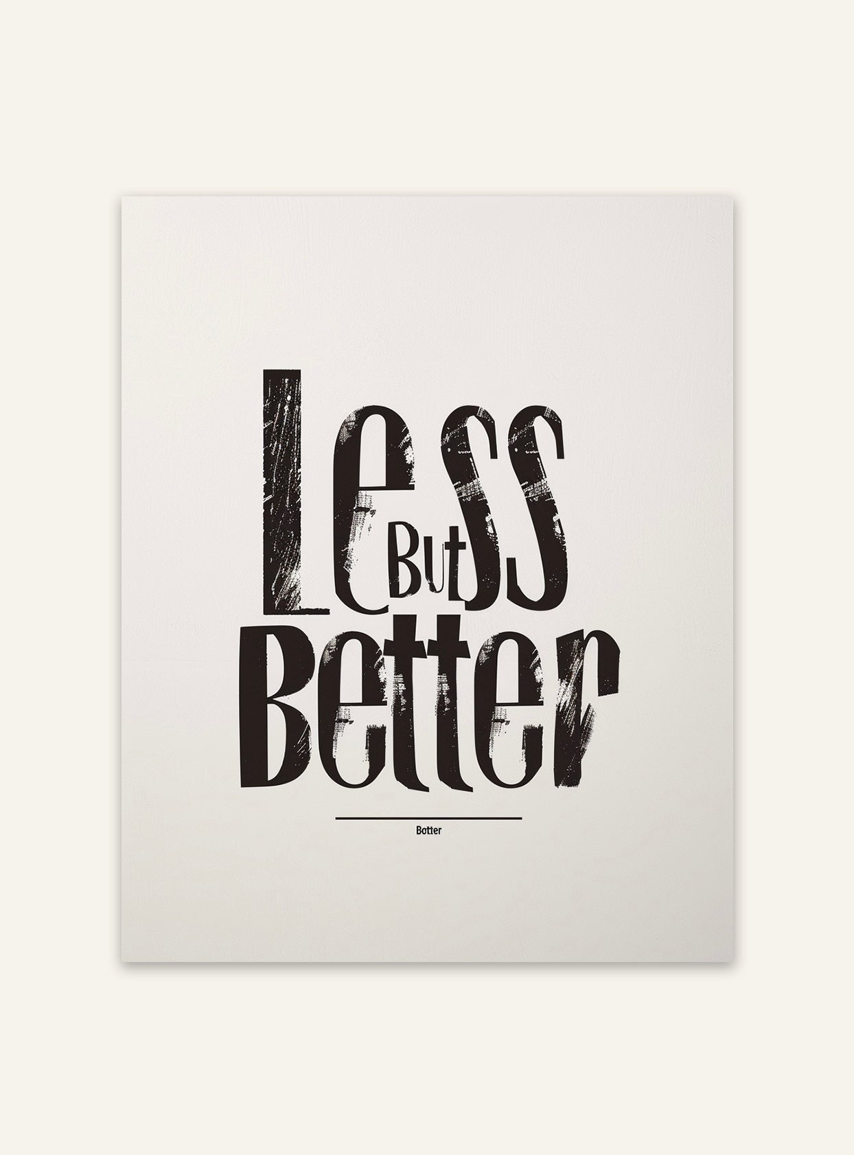 Typografiskt affisch med texten "Less Better" av Nordanio, modern design, svart text på vit bakgrund, väggdekoration.