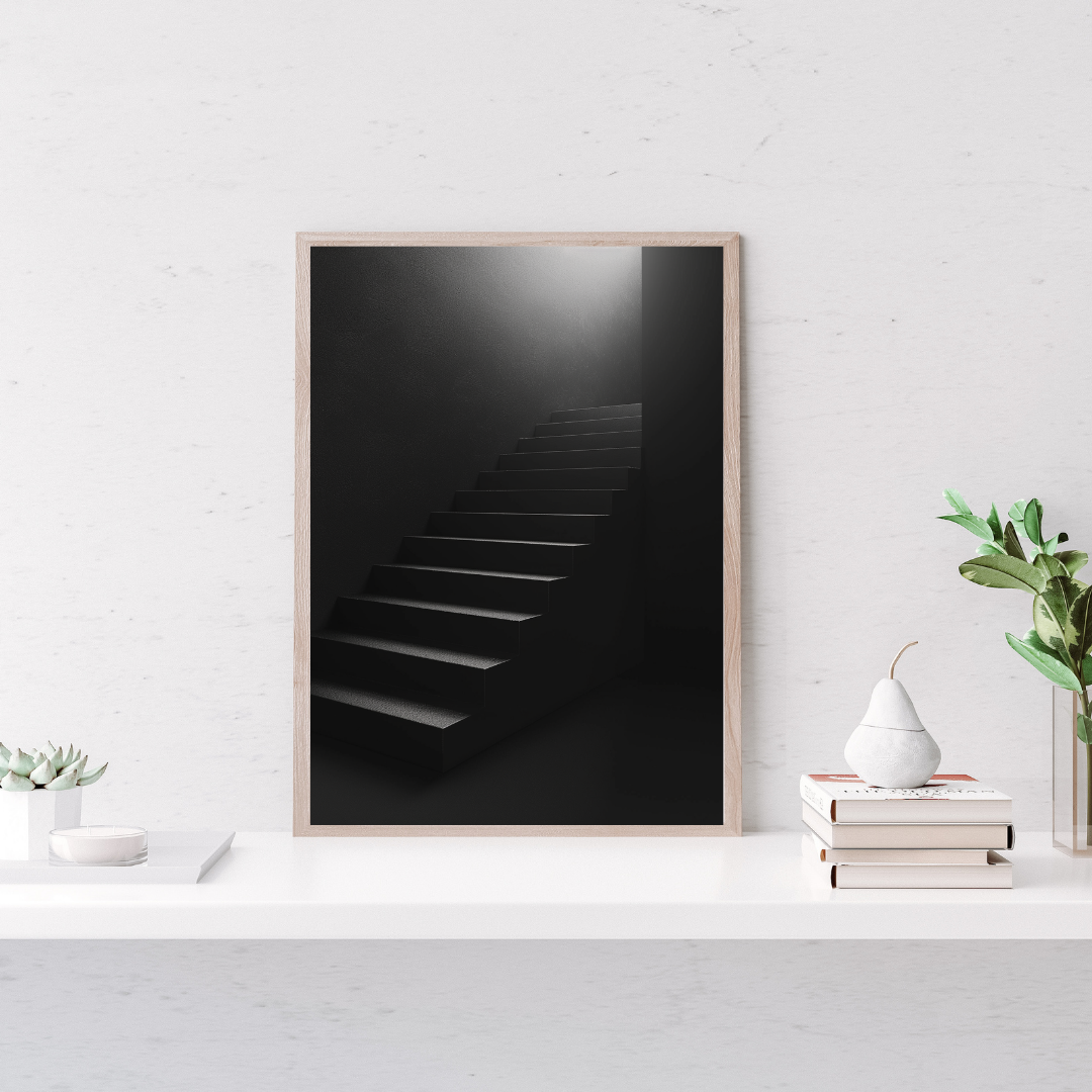 Dark staircase poster av Nordanio, mörk konstväggposters design för modern inredning, bild av inomhusvägg med trappmotiv.