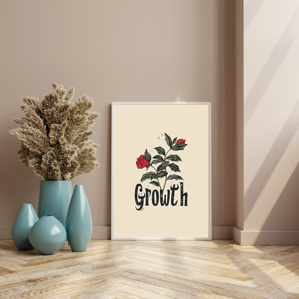 Typsnittposter från Still Growth av Nordanio i ljusbrunt träfärgat ramomslag, visar modern typografi inomhus.
