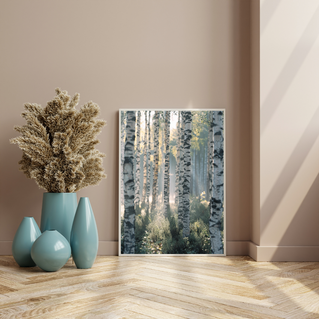Nordanio naturposter med björkskog motiv, ljusbrunt 3D-inramat väggkonst för inomhusbruk.