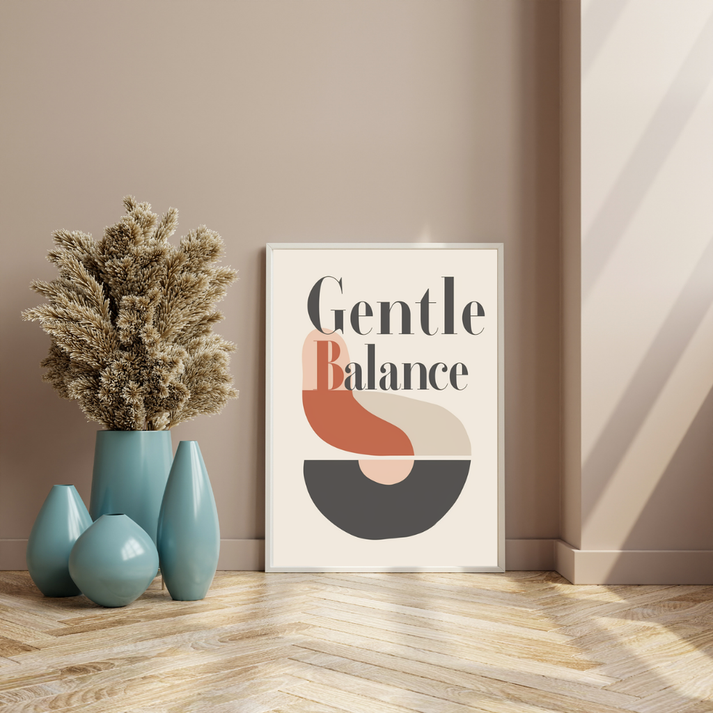 Typsnittsposter "Gentle Balance" av Nordanio i ljusbrunt med 3D-inramning, perfekt för inredning och väggdekoration.