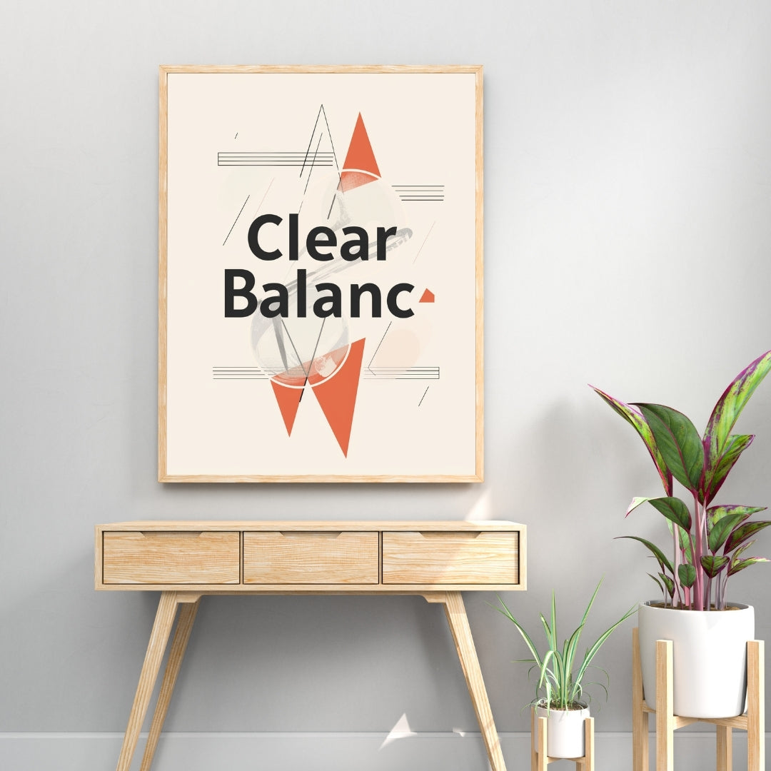 Ljusgrå typografiposter med texten "Clear Balance" i elegant design, inramad på vit vägg, av Nordanio.