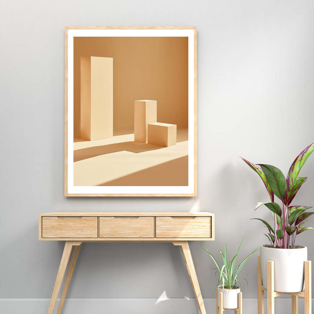 Abstrakt väggposter från Nordanio i vertikalt format, med ljusgrå 3D-inramning för modern inredning.