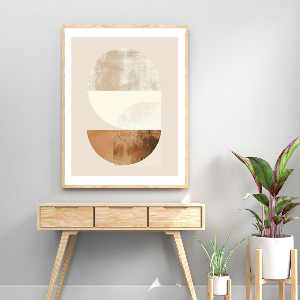 Abstrakt väggposter med geometriska former i ljusgrå färg, inramad i ett modernt 3D-inredningsramdesign av Nordanio.