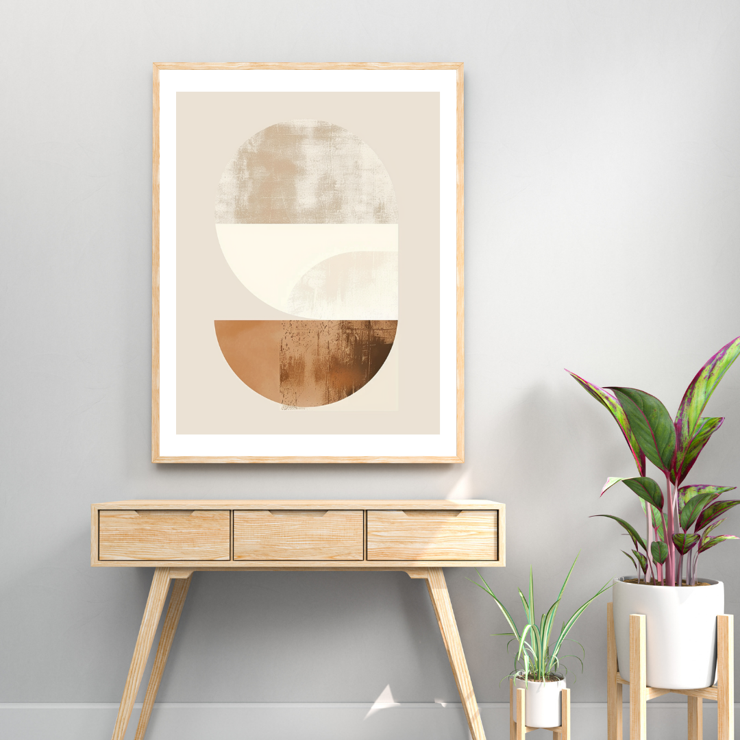 Abstrakt väggposter med geometriska former i ljusgrå färg, inramad i ett modernt 3D-inredningsramdesign av Nordanio.