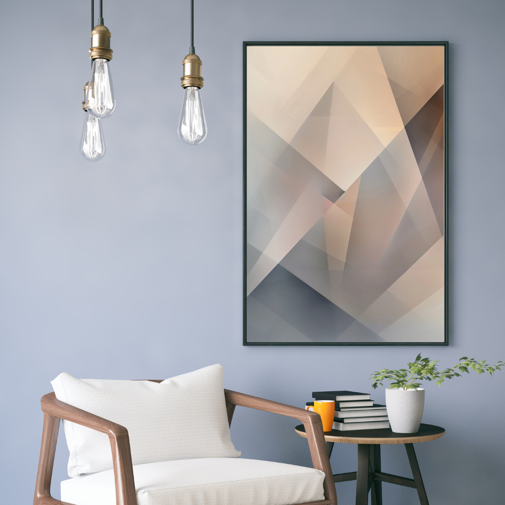 Abstrakt väggposter med gradientfärger från Nordanio, inramad i ett ljustgrått 3D-inredningsmockup.
