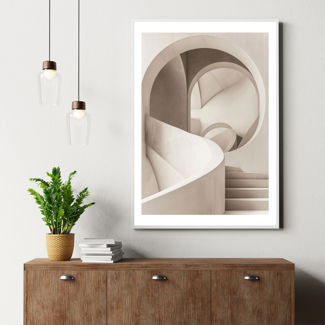 Abstrakt väggposter av Nordanio med ljusgrå 3D-inredningsbild i ram, perfekt för moderna inredningar.