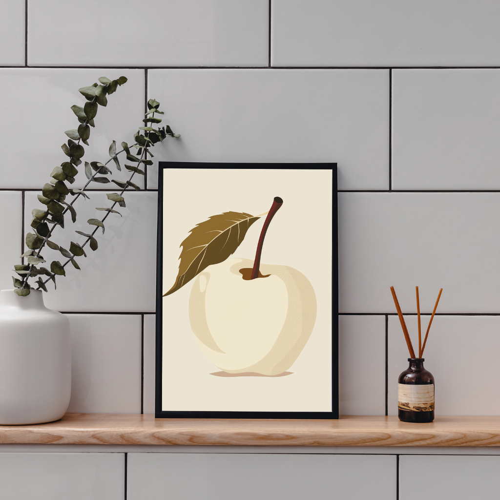 Ljusgrå minimalistisk väggbild av en äppleillustration på Nordanio fruktposter inramad i ett enkelt ram.