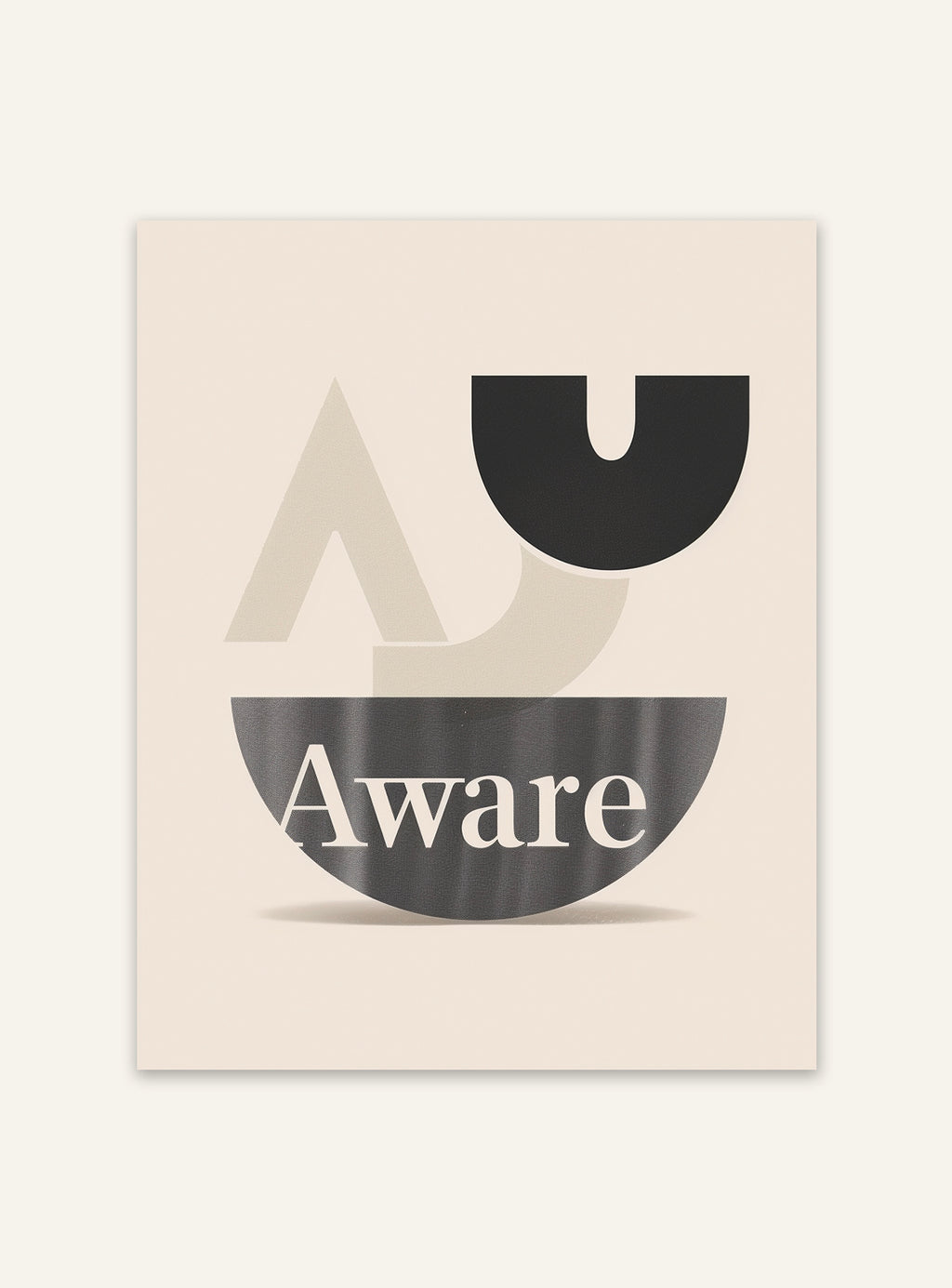 Typografiskt affisch med texten "Aware" från Nordanio, modern design och tydlig text på en minimalistisk bakgrund