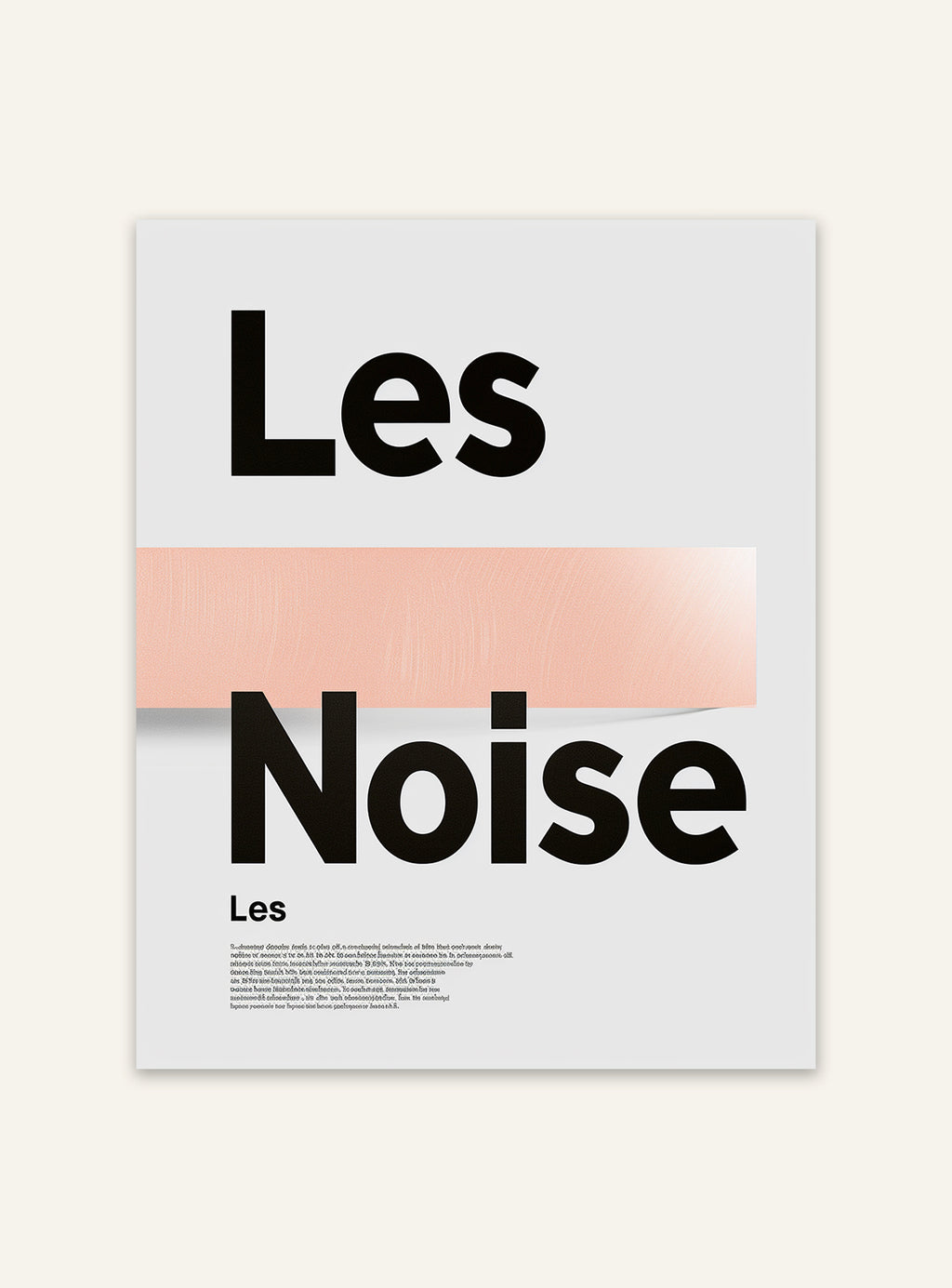 Typografisk poster med texten "Mindre Brus" av Nordanio, svart text på vit bakgrund, modern design.