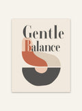 Typografiskt affisch med texten "Gentle Balance" från Nordanio, visar ett stilrent design med mjuka färger och balanserad layout.