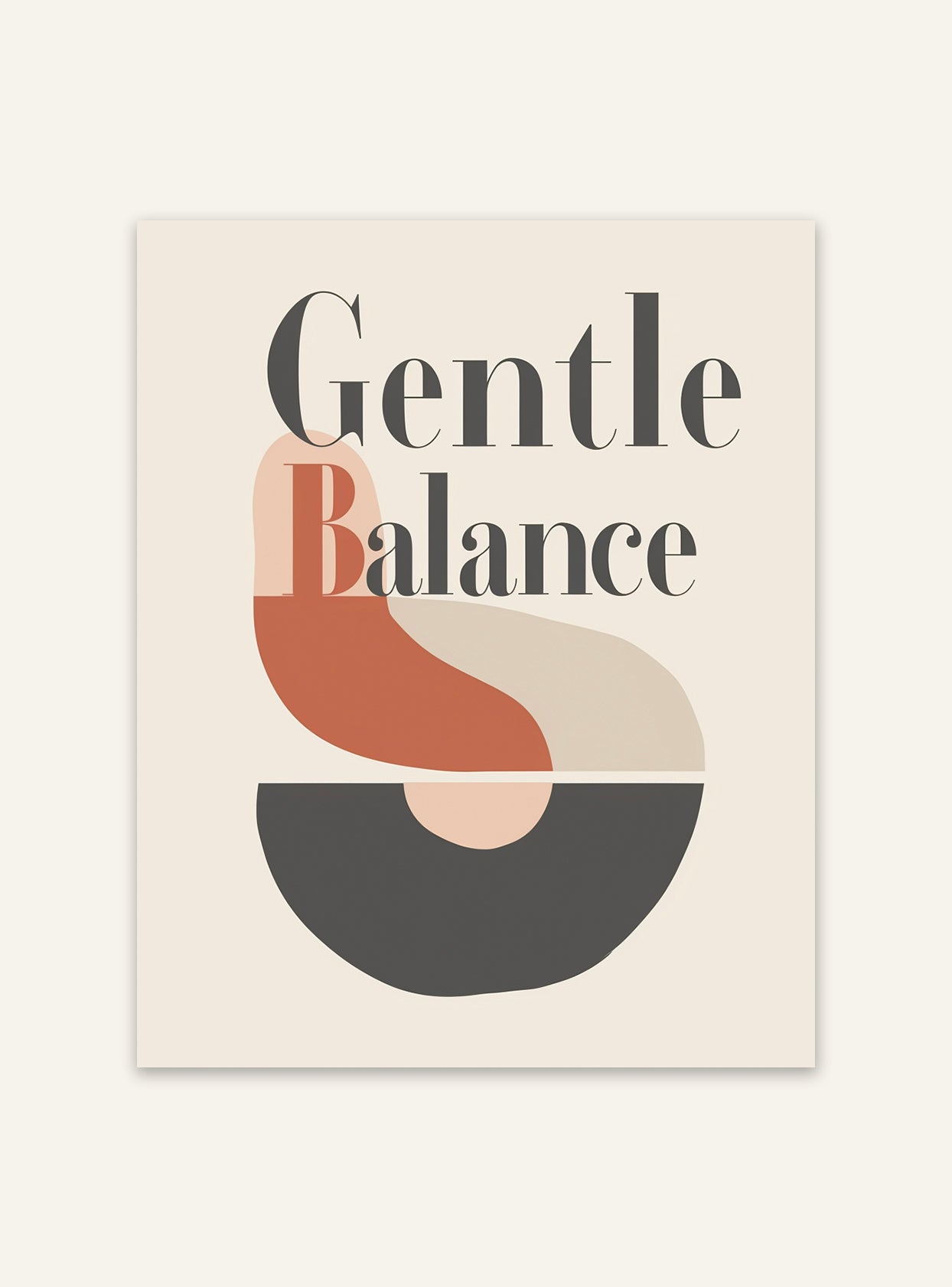 Typografiskt affisch med texten "Gentle Balance" från Nordanio, visar ett stilrent design med mjuka färger och balanserad layout.