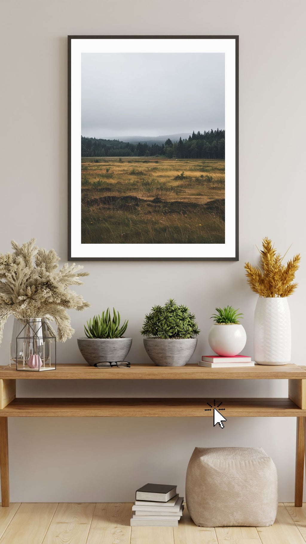 Nordanio naturposter med öppen ängsdesign, modern väggkonst för entré eller vardagsrum, inramad inredningsdetalj