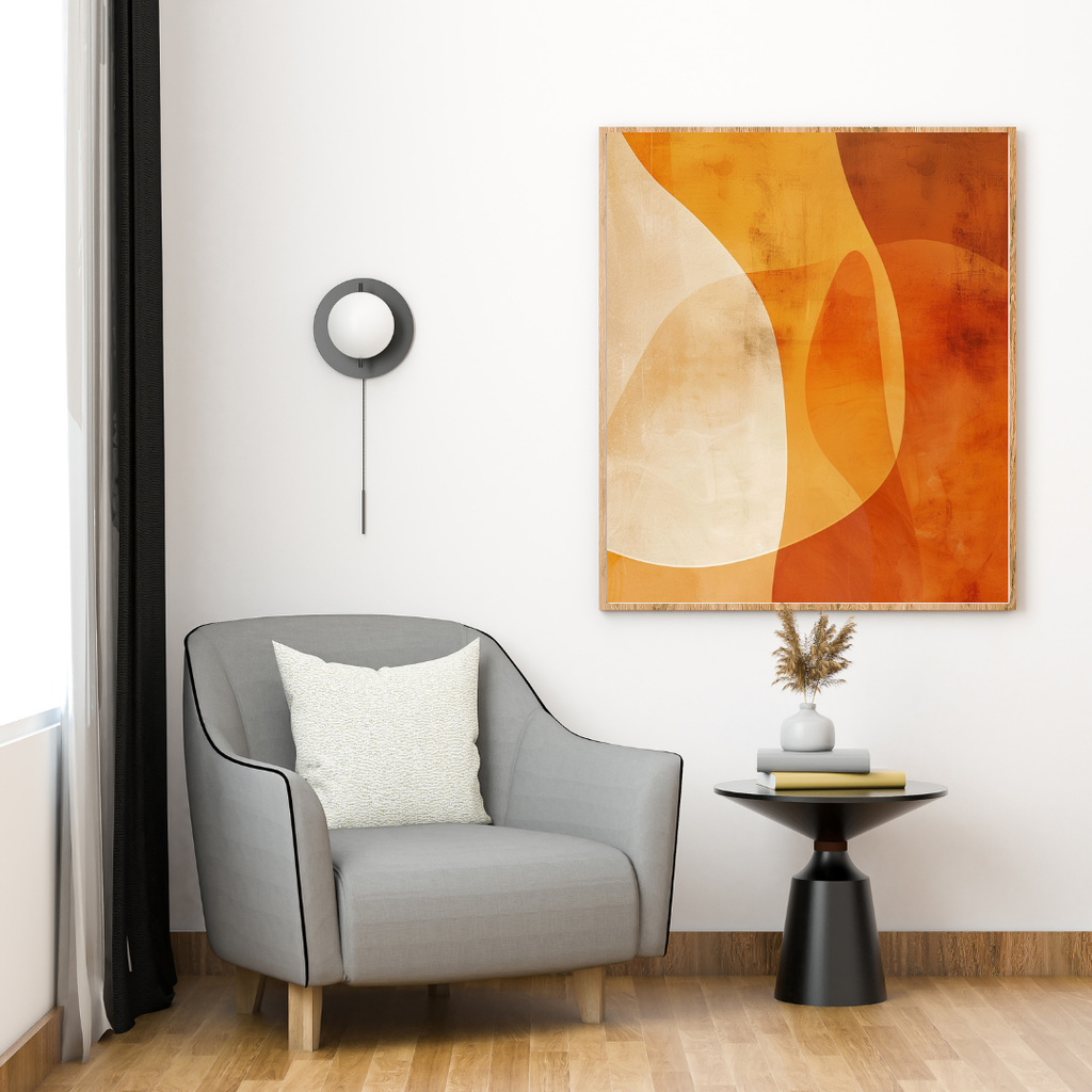 Orange abstrakt affisch med fruktmotiv från Nordanio, modern väggkonst för vardagsrum.