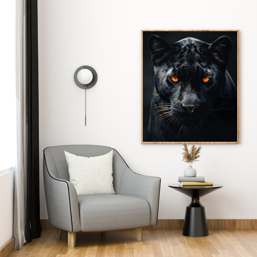 Svart Panther poster av Nordanio, modern mörk konst för väggdekor i vardagsrum, minimalistisk och stilren väggbild