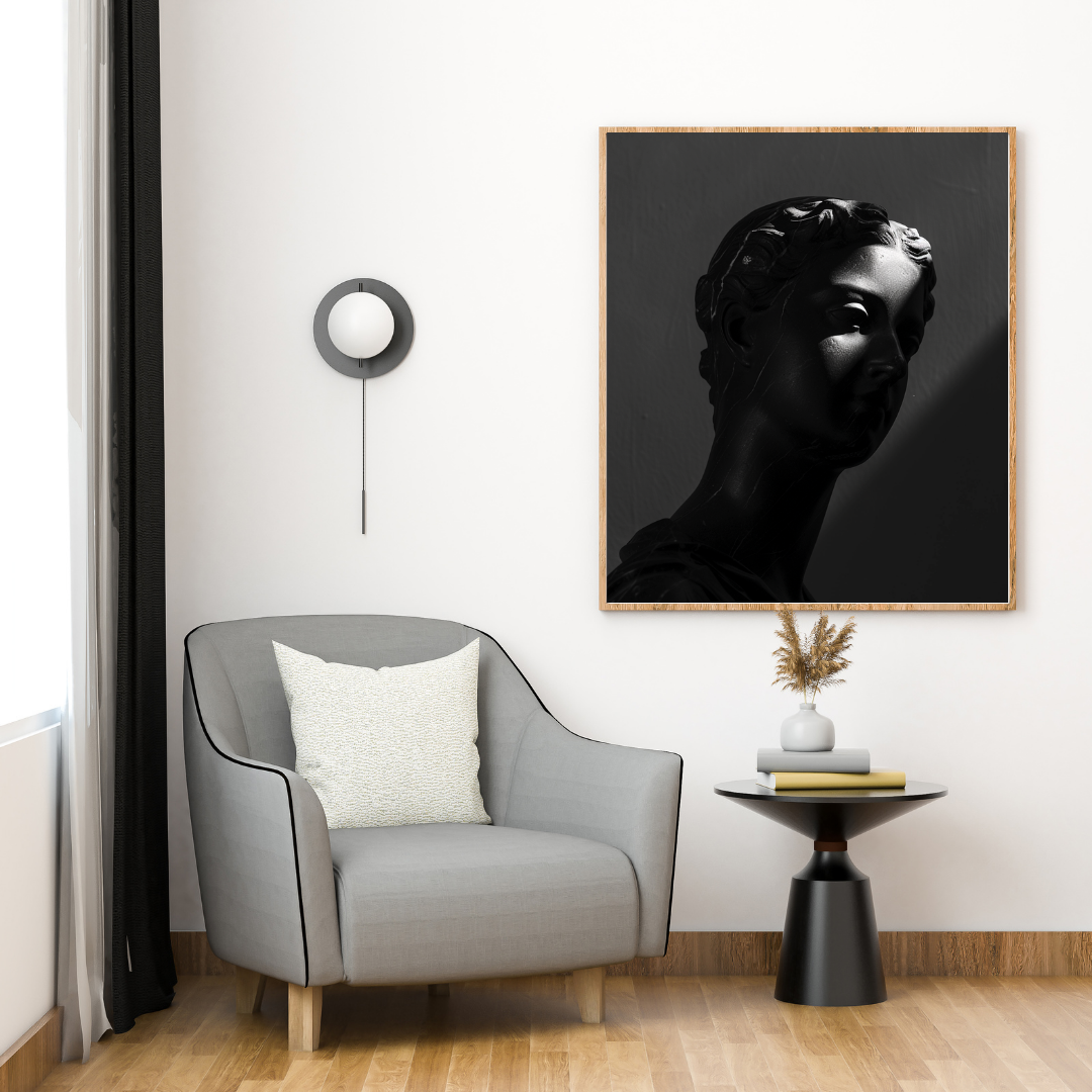 Svart konstposter med marmorbust av Nordanio, modern minimalist väggdekoration för vardagsrum.