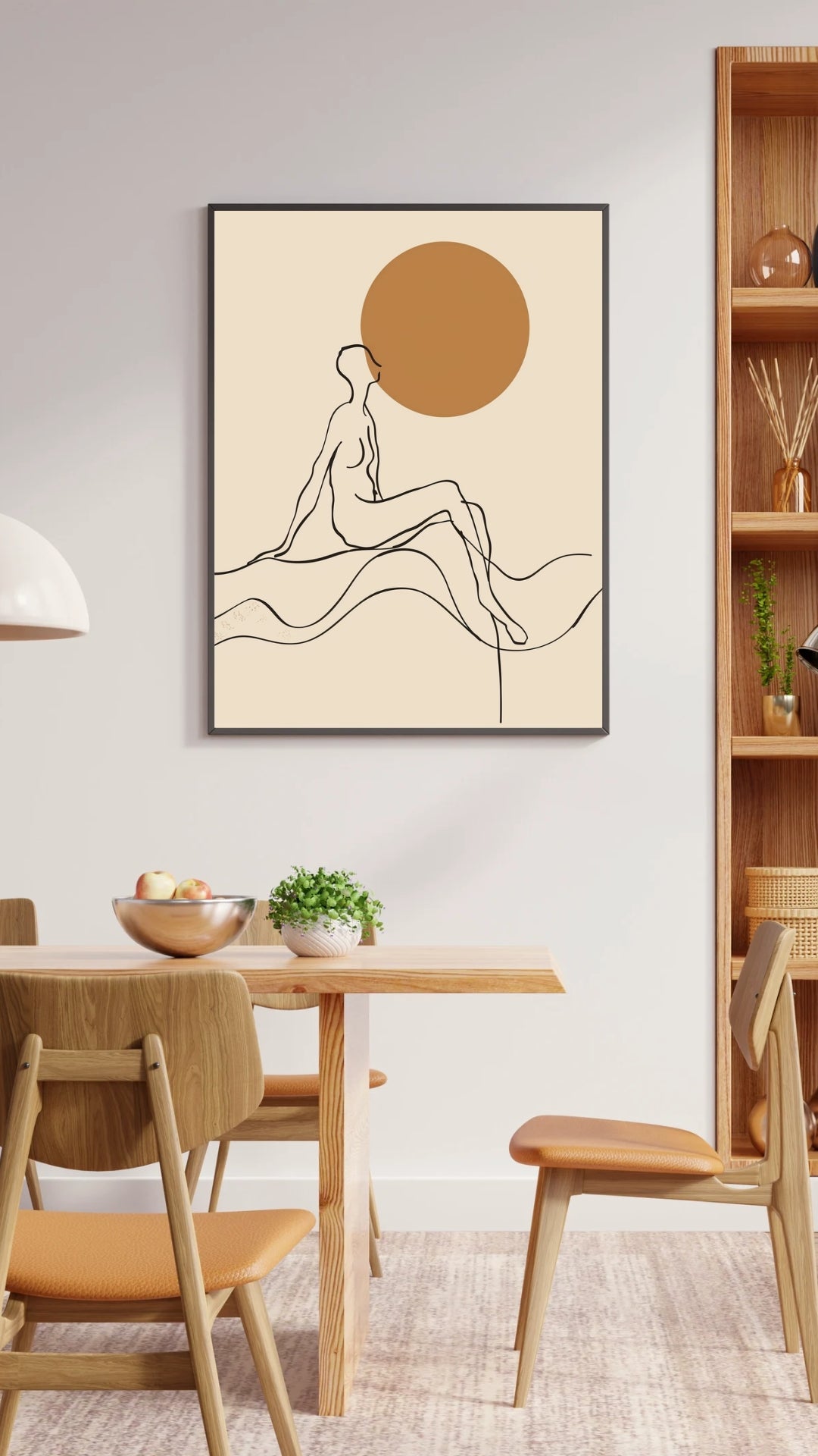 Abstrakt linjeart poster från Nordanio, modern väggdekoration för skandinaviskt matrum, inramad och upphängd.