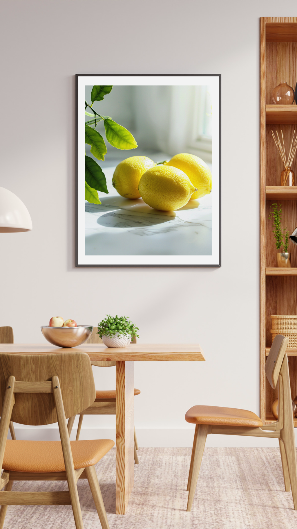 Lemon marble poster av Nordanio, modern fruktposter för skandinavisk matrumslayout, visar en stilren citrussketch på vägg.