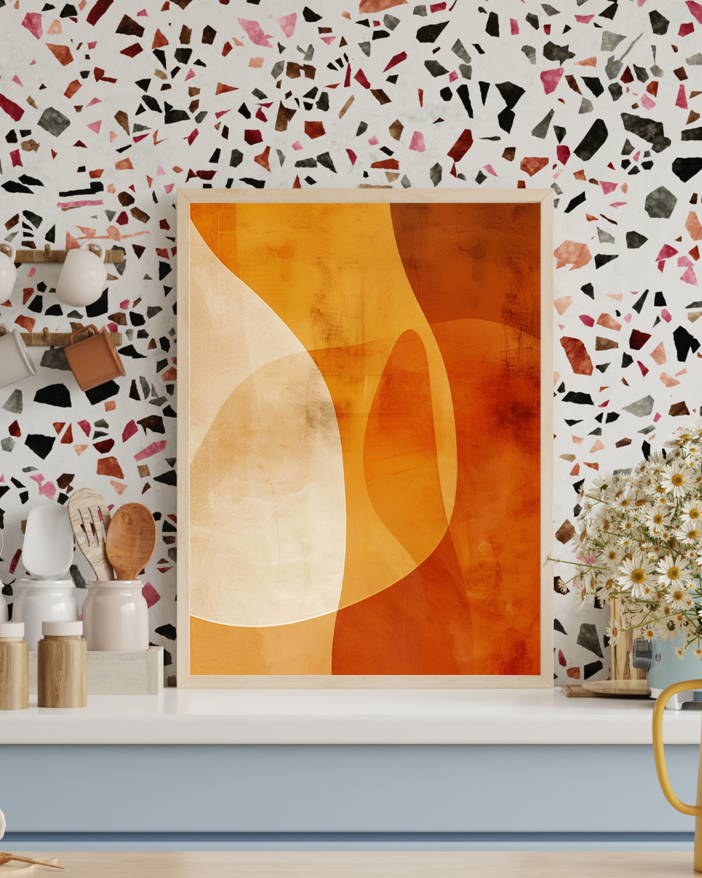 Orange abstrakt poster med fruktmotiv av Nordanio, modern köksväggkonst i stilrent design.