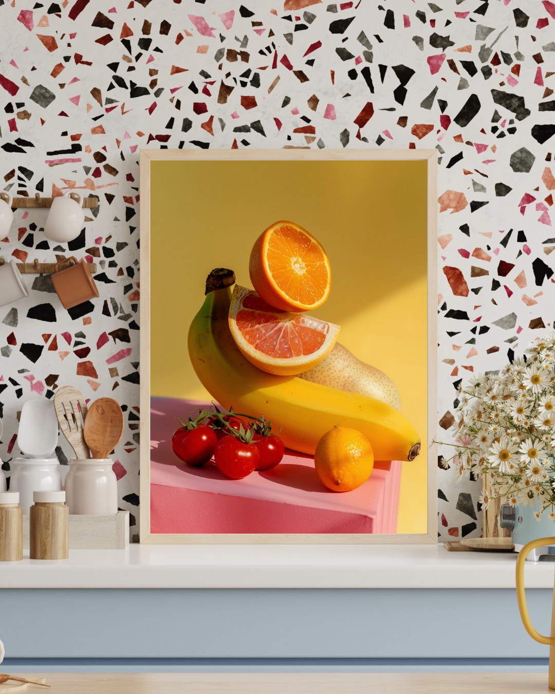 Modern fruktposter av Nordanio med konstnärlig abstrakt design, passar perfekt för köksväggar och interiör.