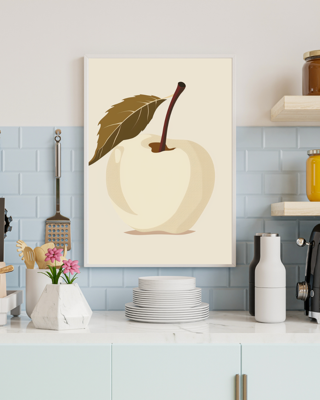 Modern äppleillustrationsposter i stilrent köksinredningsdesign av Nordanio, perfekt för väggdekoration.