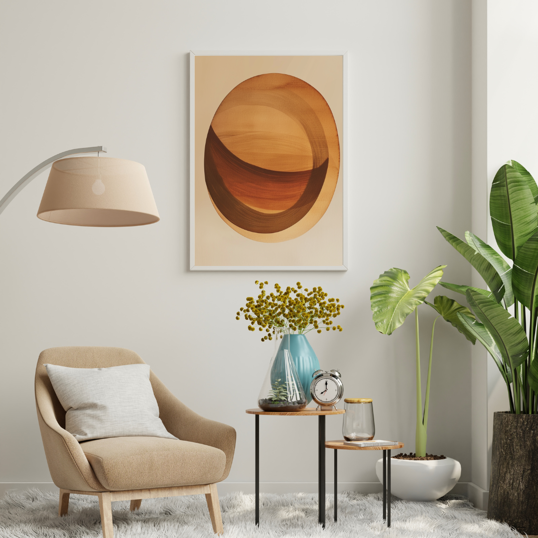 Oval form poster med fruktmotiv från Nordanio, modern väggdekoration för vardagsrum i neutral stil.
