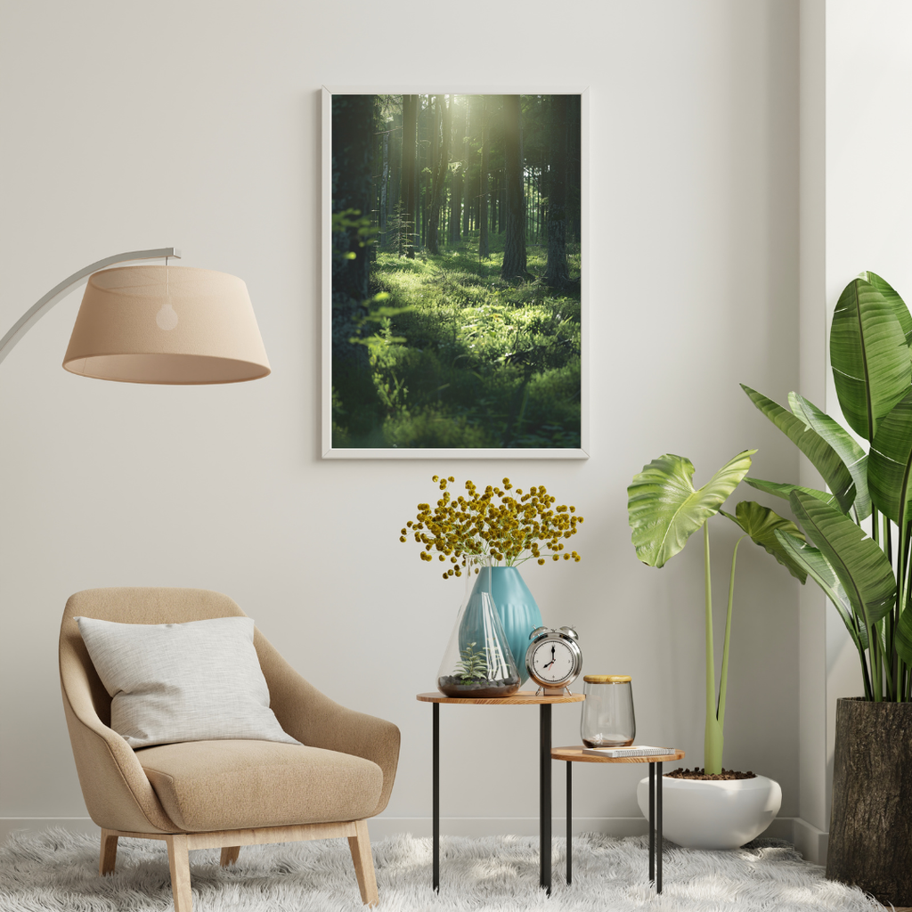 Nordanio naturposter med skogsbilder för modern vardagsrum, väggdekoration, neutral och estetisk inredning, ramad.