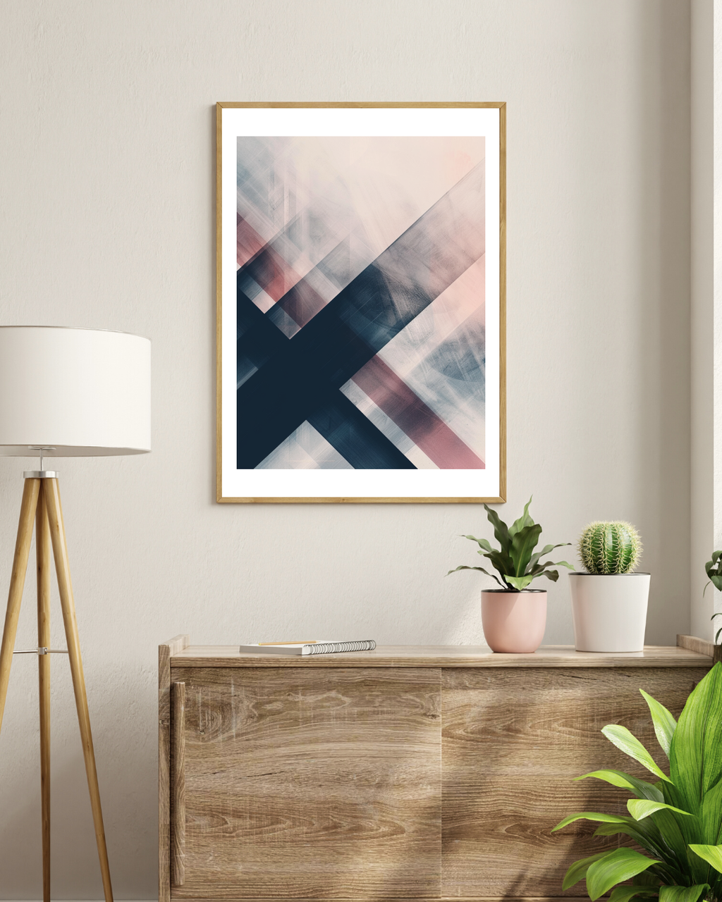 Abstrakt väggposter från Nordanio med diagonala former, modern design för vardagsrum, inramad och monterad på vägg.