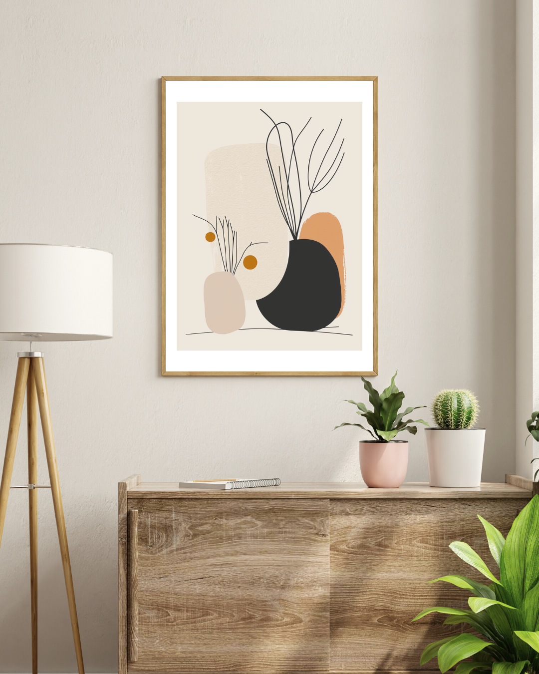 Abstrakt väggposter från Nordanio med moderna, neutrala linjer för inredning i vardagsrummet.