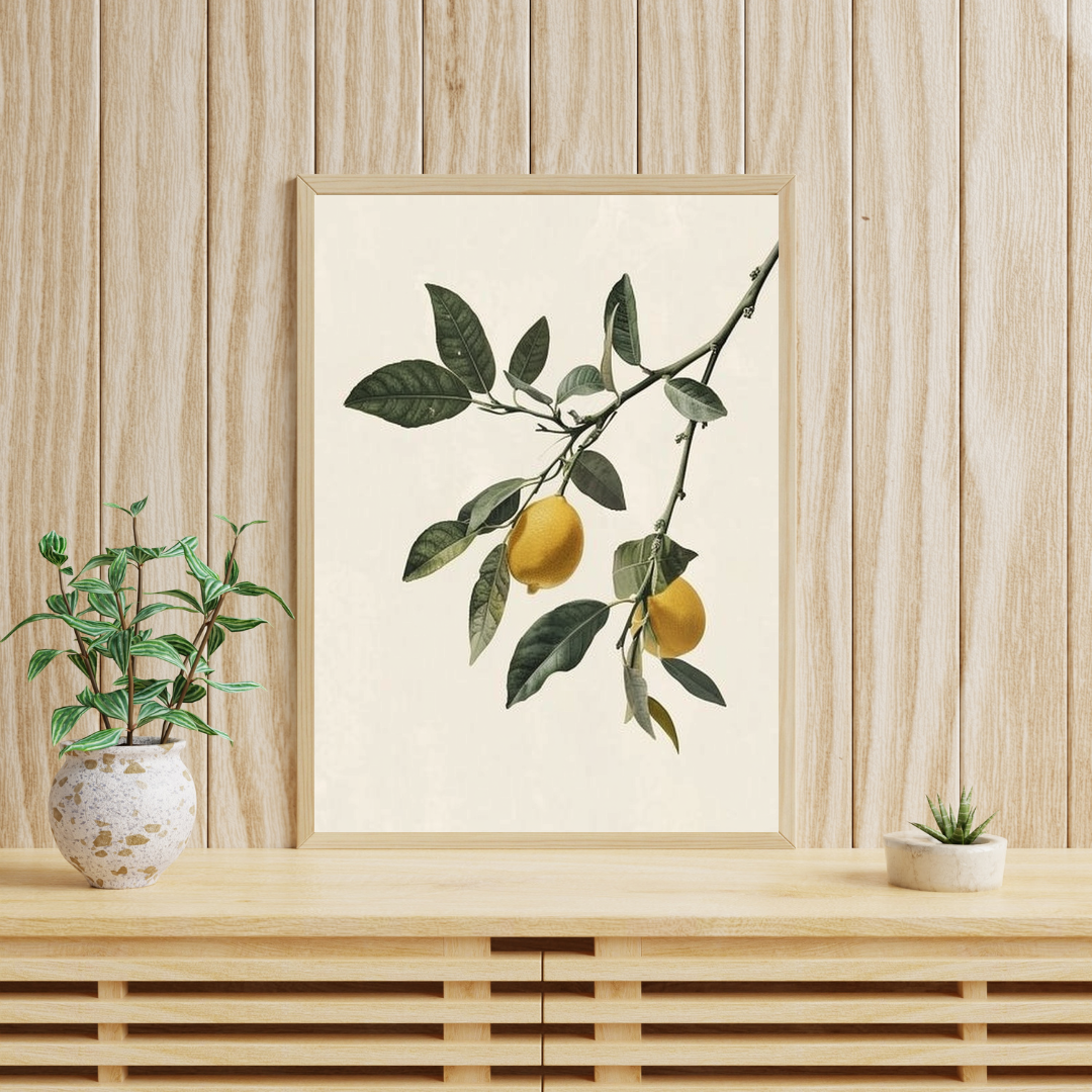 Bild av en neutral minimalistisk väggram med en citrusgrenposter från Nordanio, visar en färgstark fruktillustration på papper.