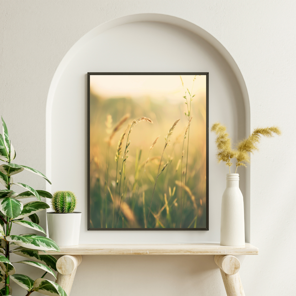 Gräsfält poster från Nordanio, naturmotiv med grönt fält och blå himmel, inramad i minimalistisk väggdesign.